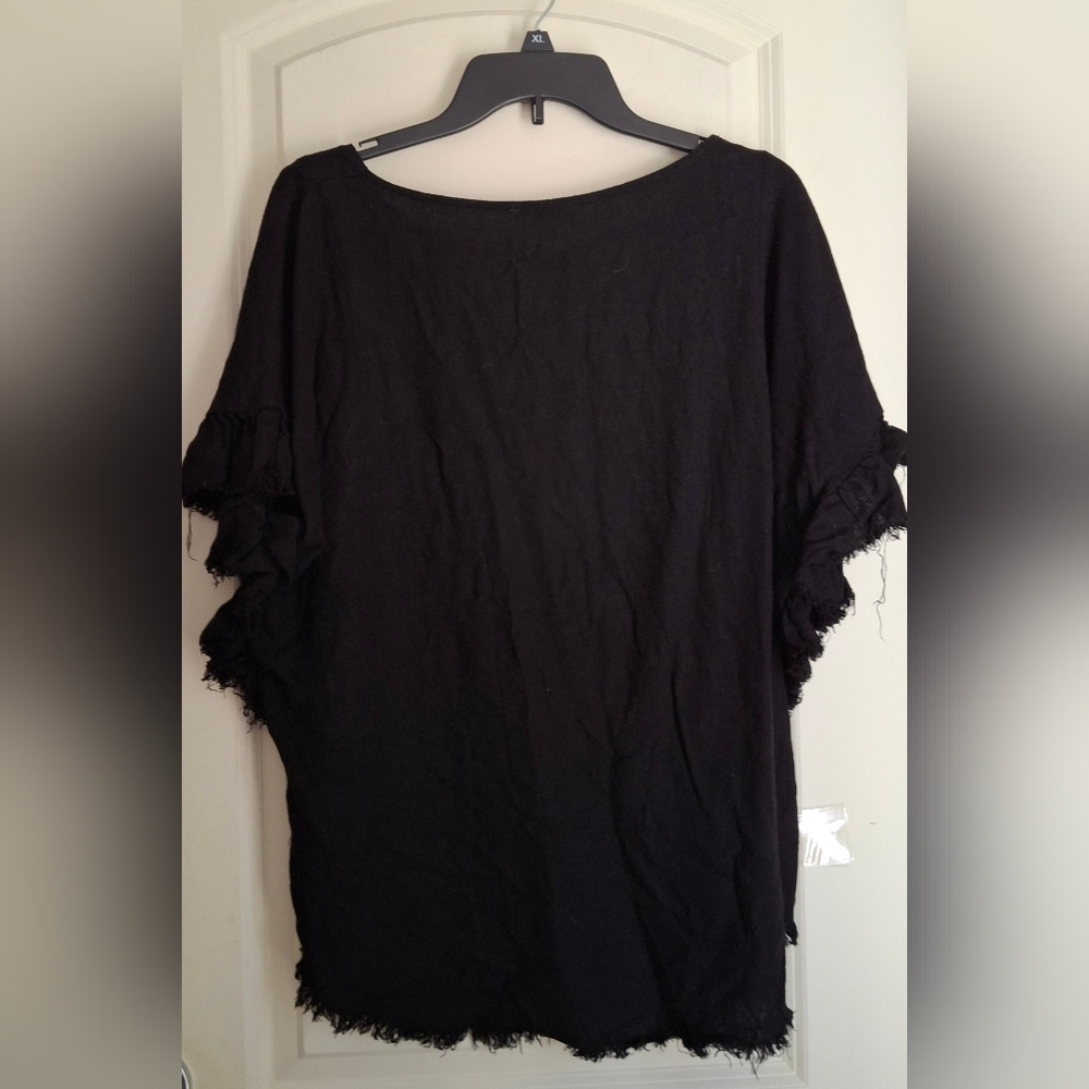 Umgee Ruffle Sleeve Frayed Black Frayed Hem Blouse Sz L GOTH Vamp Western Casual - Picture 2 of 8